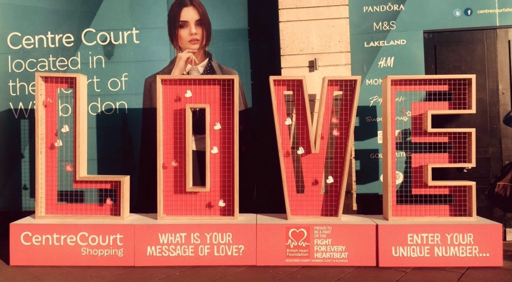 LOVE Sign By British Heart Foundation At Centre Court Shopping Centre, Wimbledon